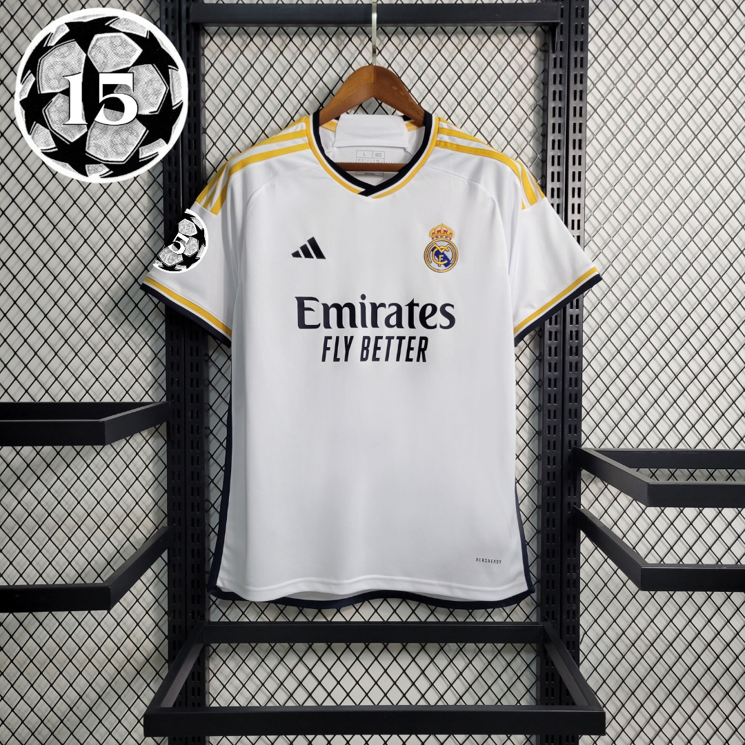 Camisa Real Madrid Home (1) 2023/24 Adidas Torcedor Masculina + Pach 15 Champions